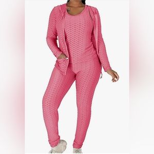 Women's textured 3 piece tracksuit hoodie scrunch butt leggings Orange- (3) L/XL